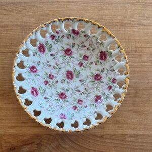 Lefton Rose Chintz Vintage Candy Dish with Gold Trim